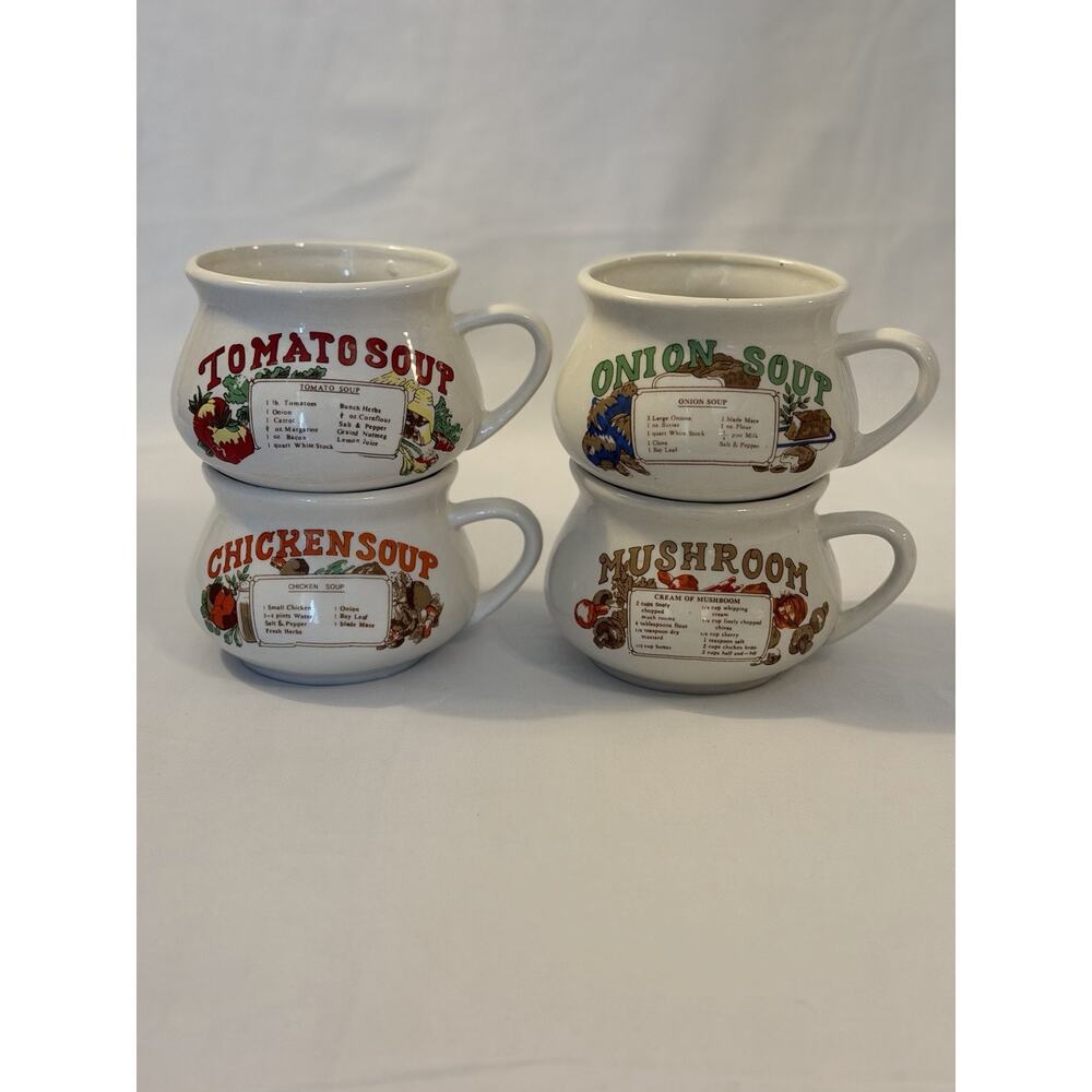Vintage Soup Recipe Mugs Set Of 4 Ceramic CottageCore Country Kitchen Farmhouse